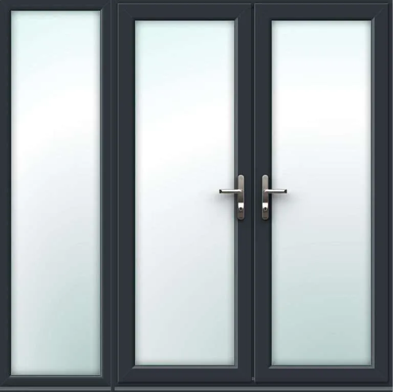 2090mm x 2090mm – Grey-on-White uPVC French Doors with wide Side Panel