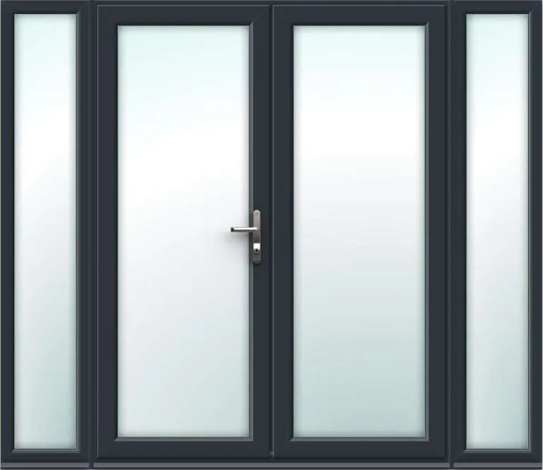 2390mm x 2090mm – Grey-on-White uPVC French Doors with Narrow Side Panels